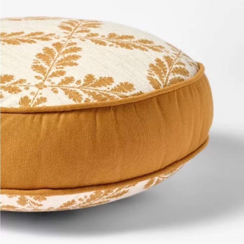 Studio McGee 16” Round Linen Blend Golden Yellow/ Cream Leaf Design Pillow